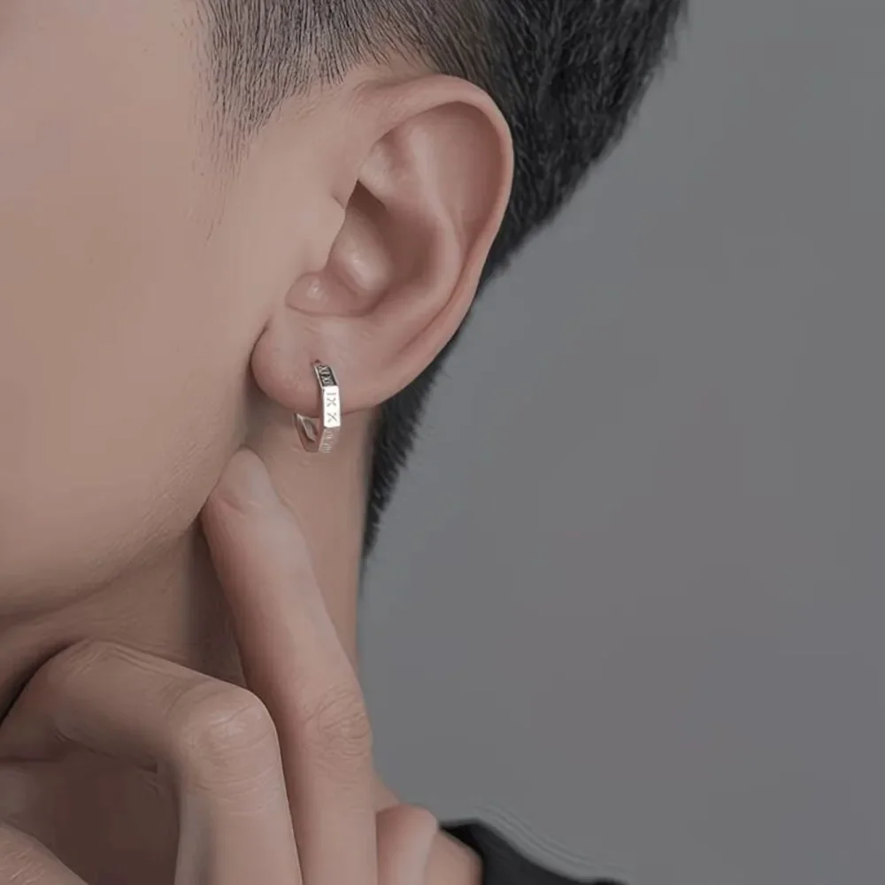 Roman Numeral Stainless Steel Men's Unisex Hoop Earrings